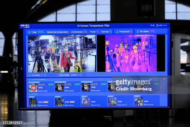 Monitor displays an image of a thermal scanner at the Kuala Lumpur International Airport during a partial lockdown imposed due to the coronavirus in...