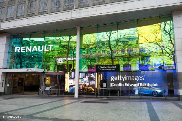 General view of the closed L'Atelier Renault store, at Avenue des Champs Elysees, in the 8th quarter of Paris, as the city imposes emergency measures...
