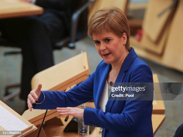 Scottish First Minister, Nicola Sturgeon attends First Ministers Questions at Holyrood on May 13, 2020 in Edinburgh, Scotland.