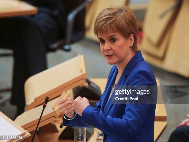 Scottish First Minister, Nicola Sturgeon attends First Ministers Questions at Holyrood on May 13, 2020 in Edinburgh, Scotland.