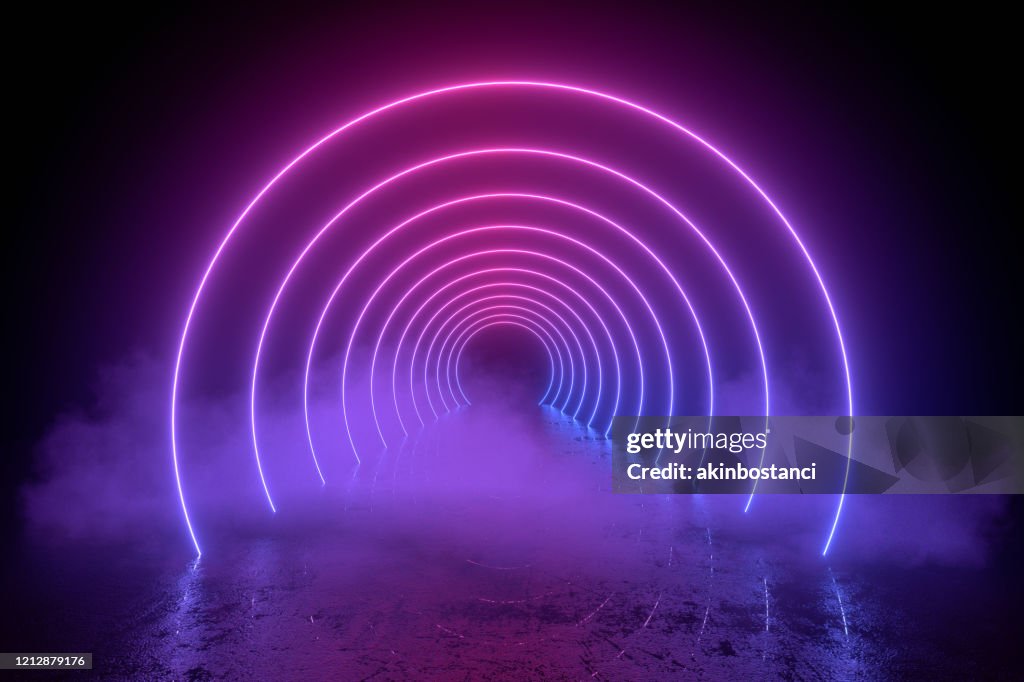 3d abstracte achtergrond met ultraviolette neonlichten, leeg kader, kosmisch landschap, gloeiende tunneldeur met rook