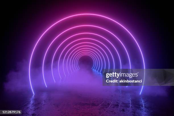 3d abstract background with ultraviolet neon lights, empty frame, cosmic landscape, glowing tunnel door with smoke - neon circle stock pictures, royalty-free photos & images