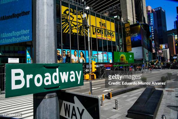 Broadway sign is seen near the Theater District in Manhattan as theaters remain shuttered due to COVID-19 pandemic on May 13, 2020 in New York City....