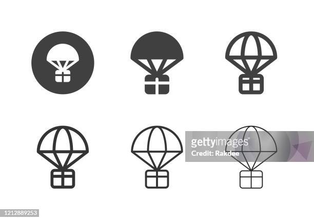 ilustraciones, imágenes clip art, dibujos animados e iconos de stock de iconos de paracaídas airdrop box - multi series - paracaídas