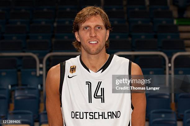 Dirk Nowitzki of the German national basketball team poses during the team presentation at the Stechert-Arena on August 17, 2011 in Bamberg, Germany.