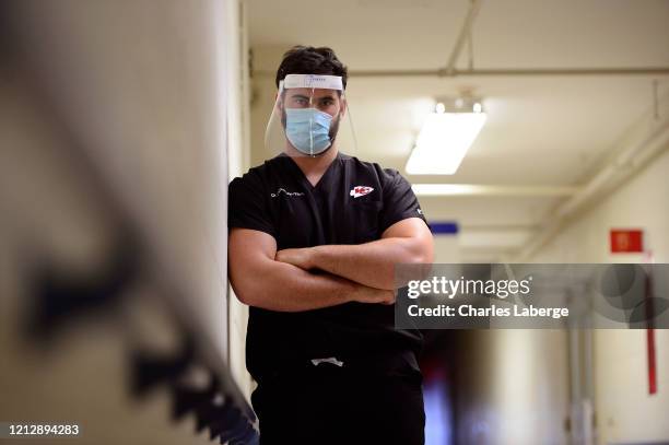 Portrait of Kansas City Chiefs offensive guard Laurent Duvernay-Tardif during photo shoot at longterm care facility. Duvernay-Tardif on the front...