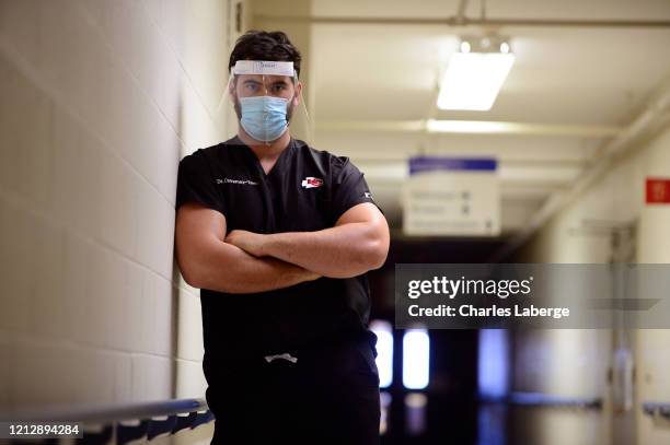 Portrait of Kansas City Chiefs offensive guard Laurent Duvernay-Tardif during photo shoot at longterm care facility. Duvernay-Tardif on the front...