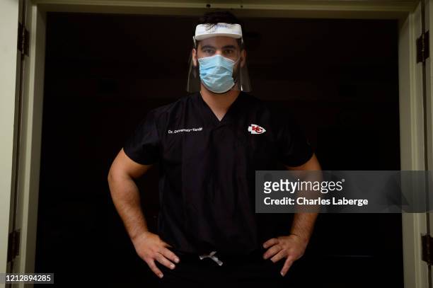 Portrait of Kansas City Chiefs offensive guard Laurent Duvernay-Tardif during photo shoot at longterm care facility. Duvernay-Tardif on the front...