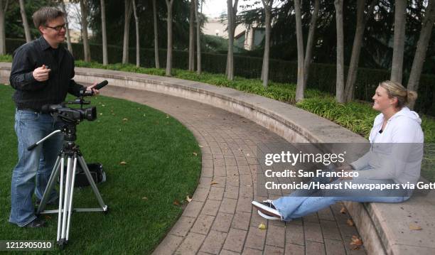 Jayne Appel, Stanford basketball center, is videotaped and interviewed by Bud Anderson at Stanford University in Palo Alto, Calif. On Wednesday,...