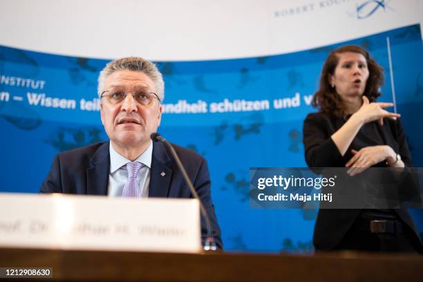 Lothar Wieler, President of the Robert Koch Institute, Germany's main institute for disease control, speaks to the media during a daily update on the...