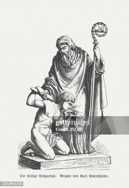 stockillustraties, clipart, cartoons en iconen met saint ansgar (801-865), aartsbisschop van hamburg-bremen, houtgravure, gepubliceerd 1893 - shepherds staff