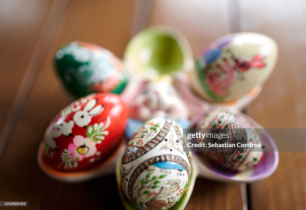 Traditional romanian hand painted easter eggs, Easter event in romania.