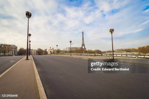 General view of the empty Alma bridge, in front of the Eiffel tower, while the city imposes emergency measures to combat the Coronavirus COVID-19...
