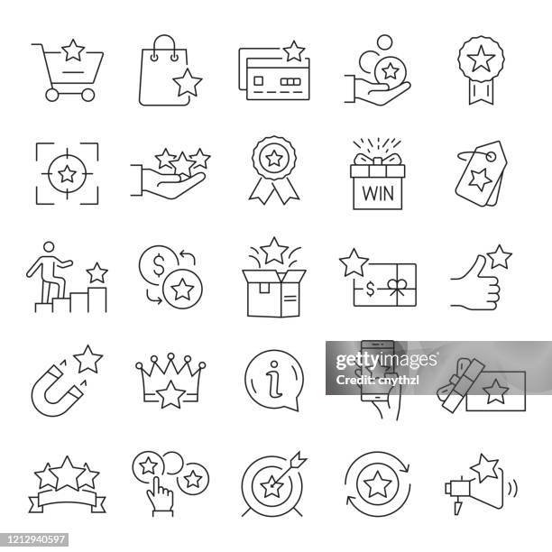 satz von treueprogramm verwandte liniensymbole. bearbeitbarer strich. einfache gliederung saum-symbole. - anreiz stock-grafiken, -clipart, -cartoons und -symbole