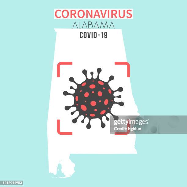 alabama map with a coronavirus cell (covid-19) in red viewfinder - montgomery alabama stock illustrations