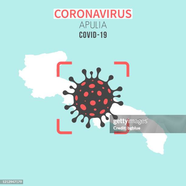 illustrations, cliparts, dessins animés et icônes de carte d’apulia avec une cellule de coronavirus (covid-19) dans le viseur rouge - pouille