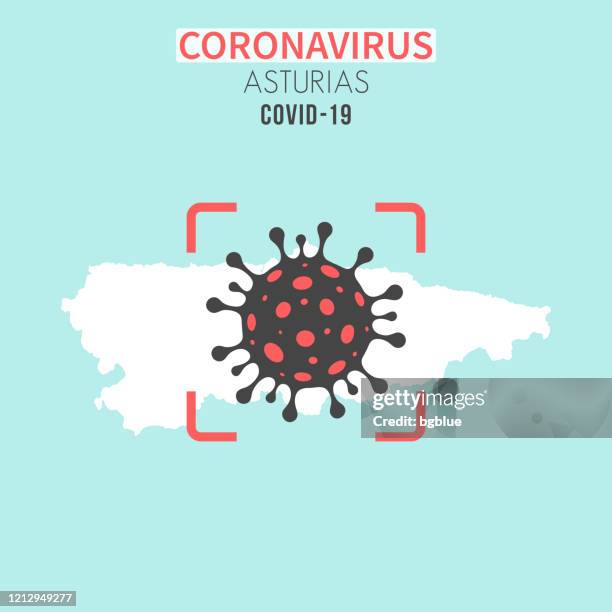 asturien-karte mit einer coronavirus-zelle (covid-19) im roten sucher - oviedo stock-grafiken, -clipart, -cartoons und -symbole