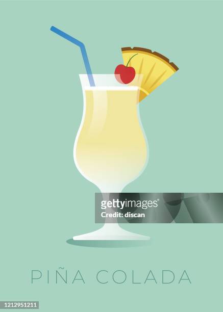 ilustraciones, imágenes clip art, dibujos animados e iconos de stock de cóctel pina colada con un trozo de piña y cereza. - fruit drink