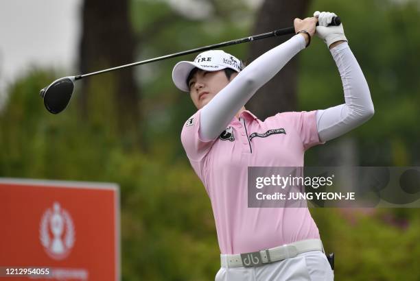 South Korean golfer Park Sung-hyun tees off in the 10th hole during the 42nd KLPGA Championship at Lakewood Country Club in Yangju, northeast of...