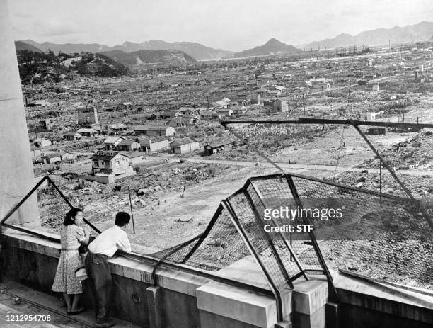 Picture dated 1948 showing the devastated city of Hiroshima after the US nuclear bombing on the city 06 August 1946 during World War II. This file...