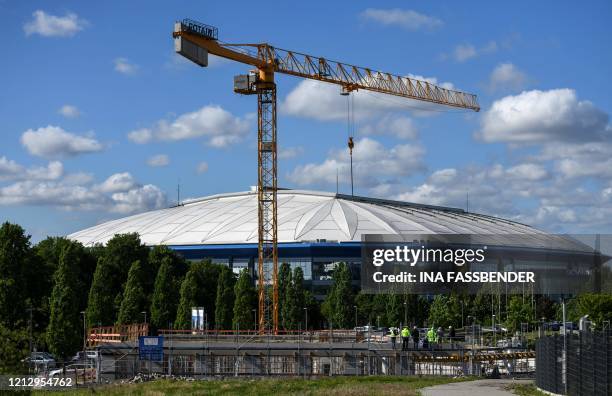Picture taken on May 14, 2020 shows a view of the Veltins Arena of the Bundesliga FC Schalke 04 football club in Gelsenkirchen, western Germany . -...