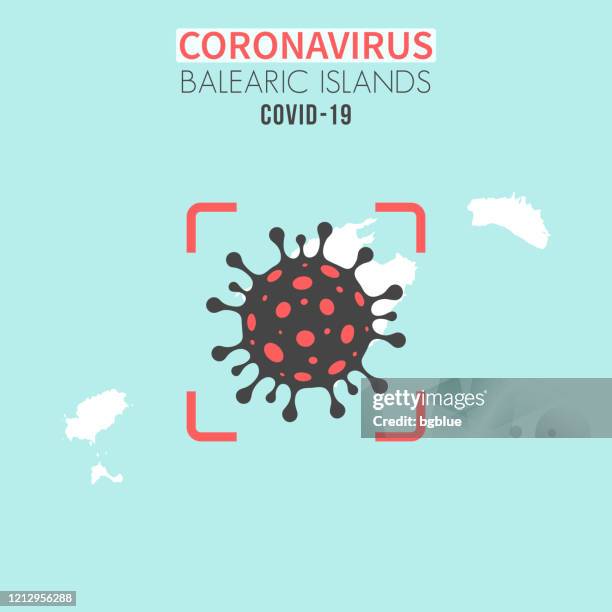 balearic islands map with a coronavirus cell (covid-19) in red viewfinder - formentera spain stock illustrations