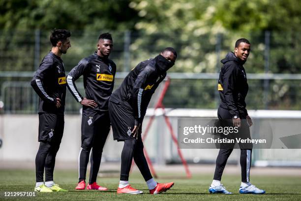 Lars Stindl, Breel Embolo, Marcus Thuram and Alassane Plea are seen during a training session of Borussia Moenchengladbach at Borussia-Park on May...