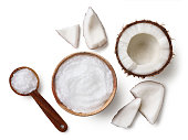 Bowl and spoon of coconut oil and fresh coconut pieces