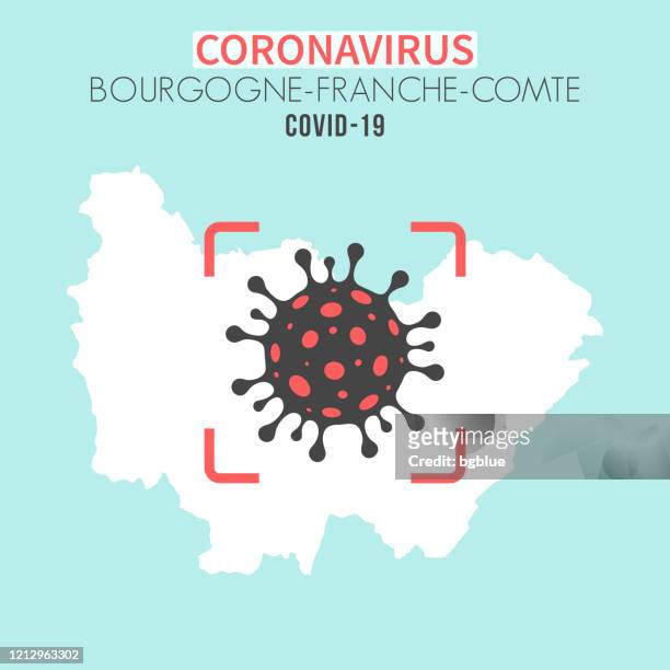 bourgogne-franche-comte map with a coronavirus cell (covid-19) in red viewfinder - dijon stock illustrations