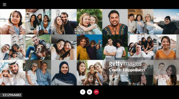 screenshot of a videoconference with many people connecting together - image montage stock pictures, royalty-free photos & images