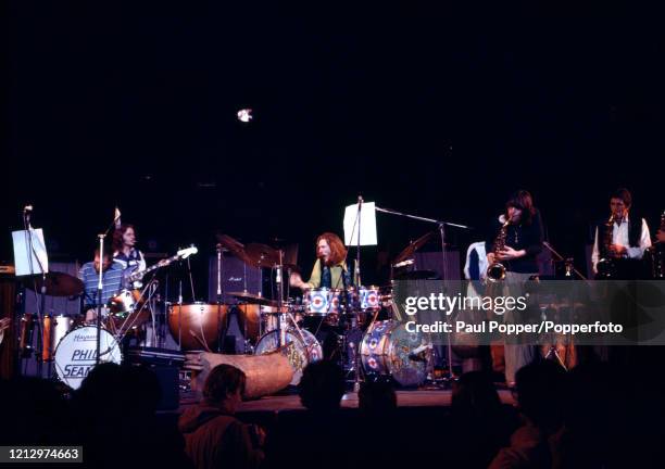 English jazz-rock supergroup Ginger Baker's Air Force, Phil Seamen, Denny Laine, Ginger Baker, Chris Wood and Harold McNair, performing on stage at...
