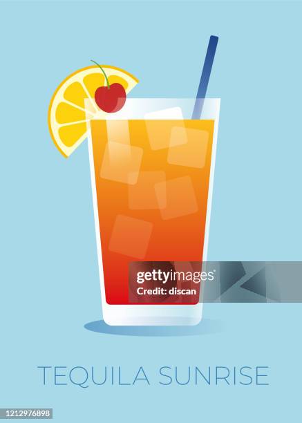 ilustrações, clipart, desenhos animados e ícones de tequila sunrise coquetel com uma fatia de laranja e uma cereja. - coquetel