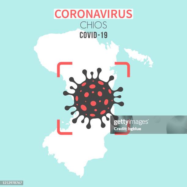 chios map with a coronavirus cell (covid-19) in red viewfinder - aegean sea stock illustrations