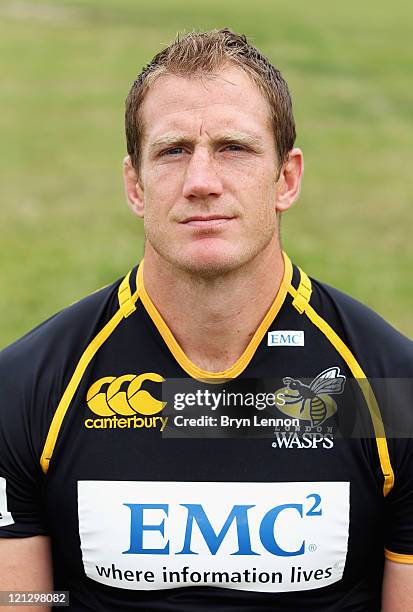 Richard Birkett of London Wasps poses for a portrait during a London Wasps pre-season photocall at Twyford Avenue on August 17, 2011 in London,...