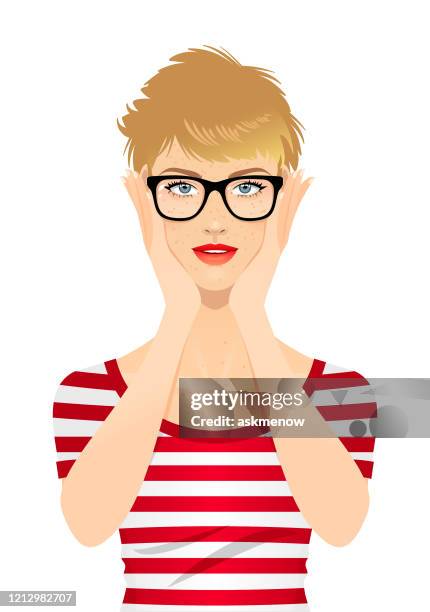 young woman wearing eye glasses - freckle stock illustrations