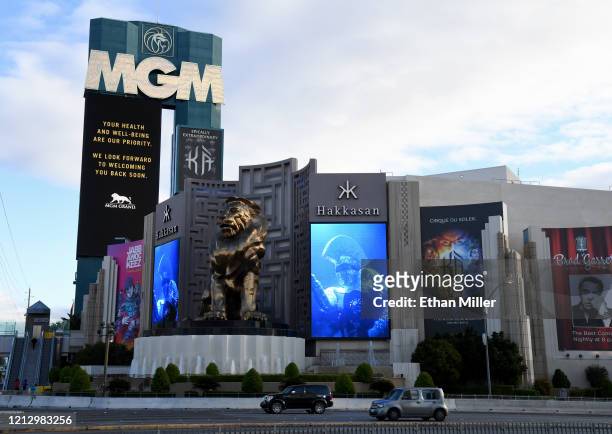 The marquee at MGM Grand Hotel & Casino displays a message after the Las Vegas Strip resort was closed as the coronavirus continues to spread across...