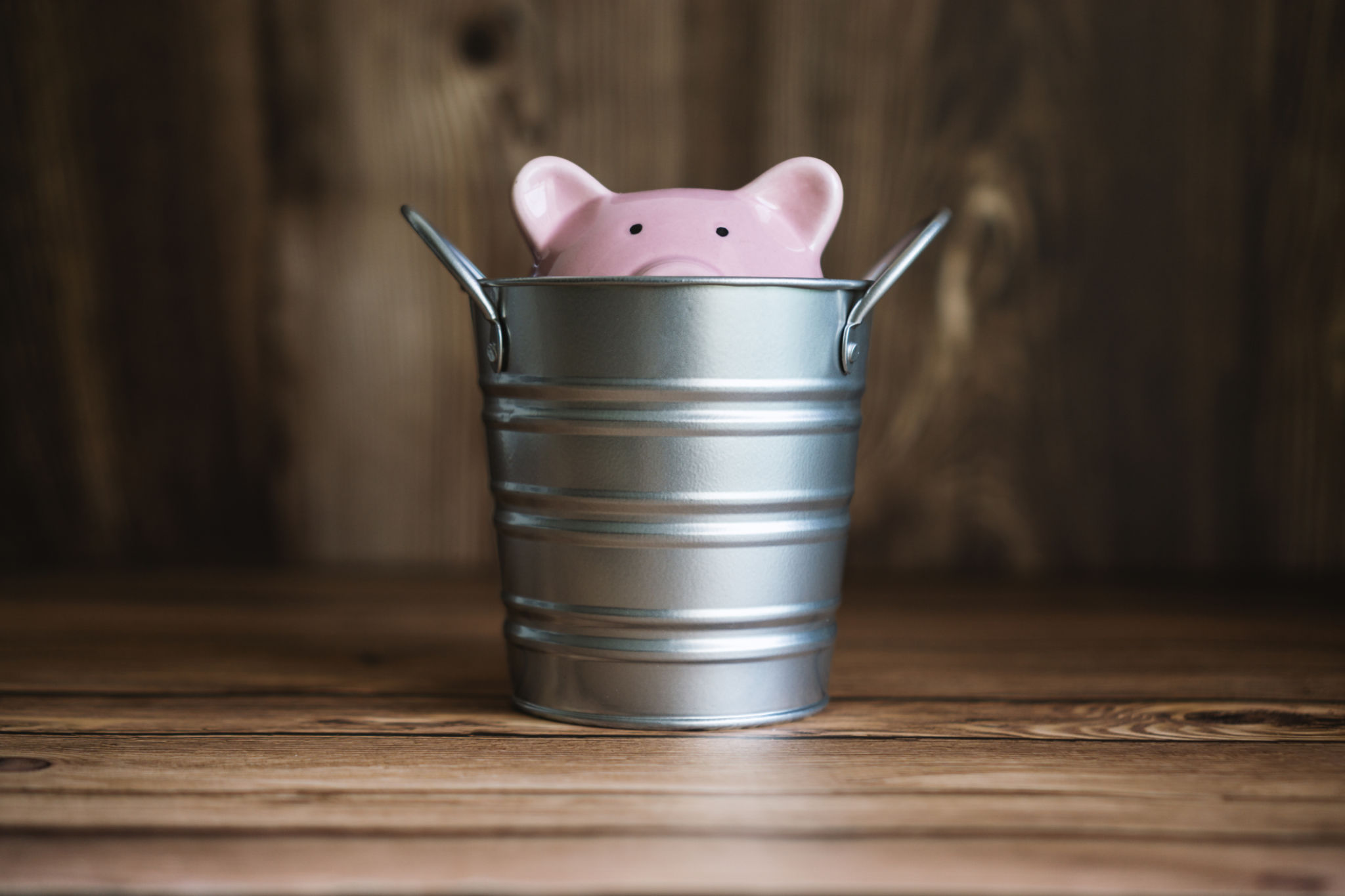 Piggy Bank Sinking Inside Steel Bucket Piggy Bank Sinking Inside Steel Bucket