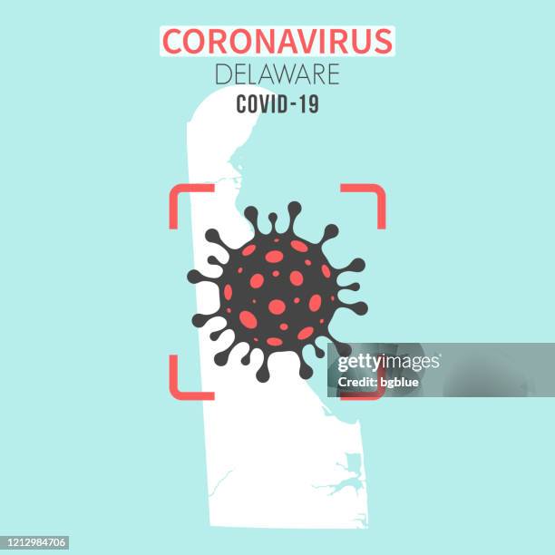 ilustraciones, imágenes clip art, dibujos animados e iconos de stock de mapa de delaware con una célula de coronavirus (covid-19) en visor rojo - wilmington delaware