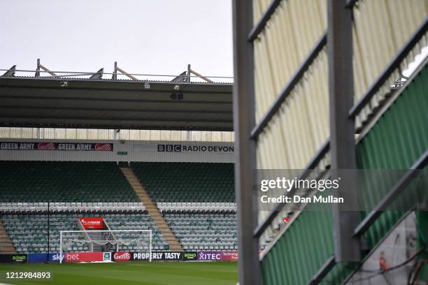 General view of Plymouth Argyle's stadium as all football league matches are postponed until at least April 3rd at Home Park on March 17, 2020 in...
