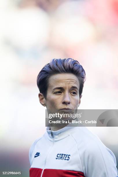 Megan Rapinoe of the United States with pink hair at the line up of players at the start of the 2020 SheBelieves Cup match between United States and...