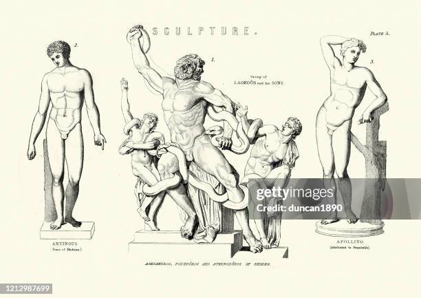 ancient greek sculptures and statues, laocoon and his sons - engraving of apollo stock illustrations
