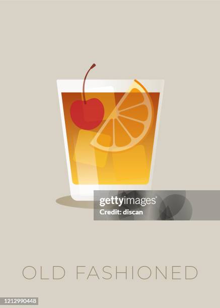 ilustraciones, imágenes clip art, dibujos animados e iconos de stock de cóctel a la antigua usanza con rodajas de naranja y cereza. - whisky