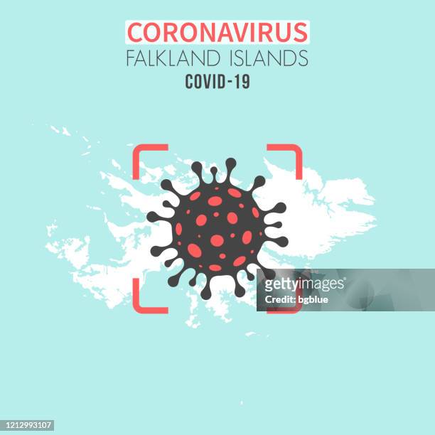 赤いファインダーでコロナウイルス細胞(covid-19)とフォークランド諸島のマップ - islas malvinas点のイラスト素材／クリップアート素材／マンガ素材／アイコン素材