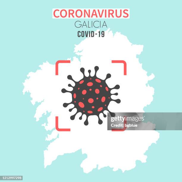galicia map with a coronavirus cell (covid-19) in red viewfinder - santiago de compostela stock illustrations