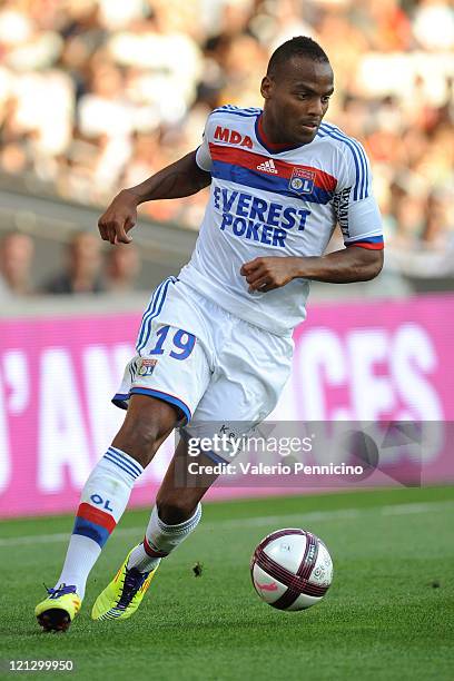 Jimmy Briand of Olympique Lyonnais in action during the Ligue 1 match between Olympique Lyonnais and AC Ajaccio at Gerland Stadium on August 13, 2011...