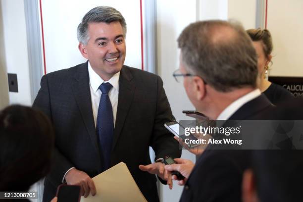 Sen. Cory Gardner speaks to members of the media as he arrives at the weekly Senate Republican Policy Luncheon March 17, 2020 at Russell Senate...