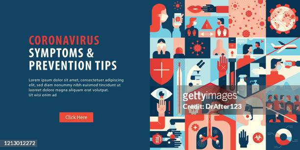 coronavirus symptoms and prevention tips web banner - covid 19 cleaning stock illustrations