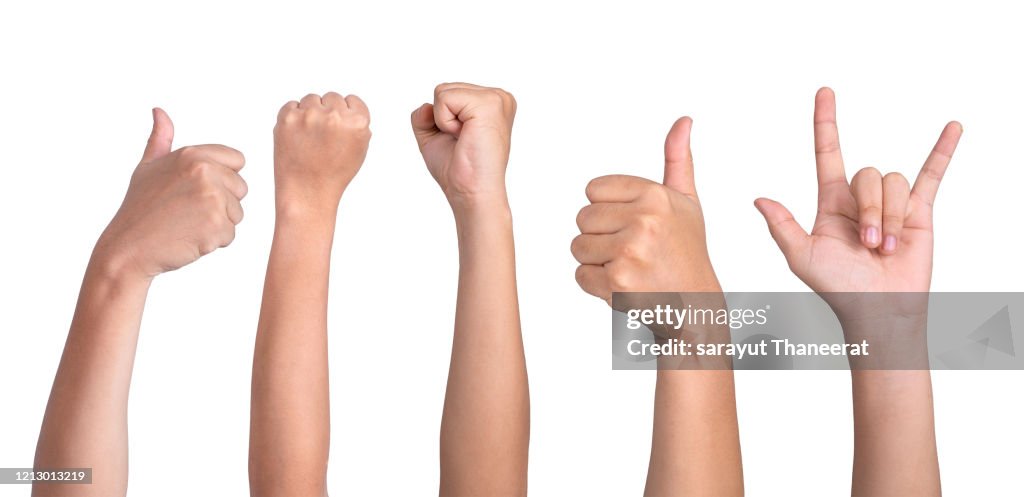 Gesturing children's hands on white background