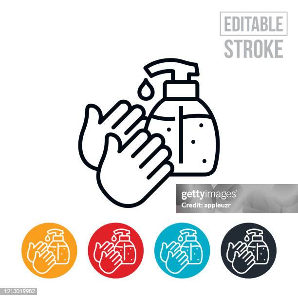 hand sanitizer thin line icon - editable stroke - hand sanitiser stock illustrations