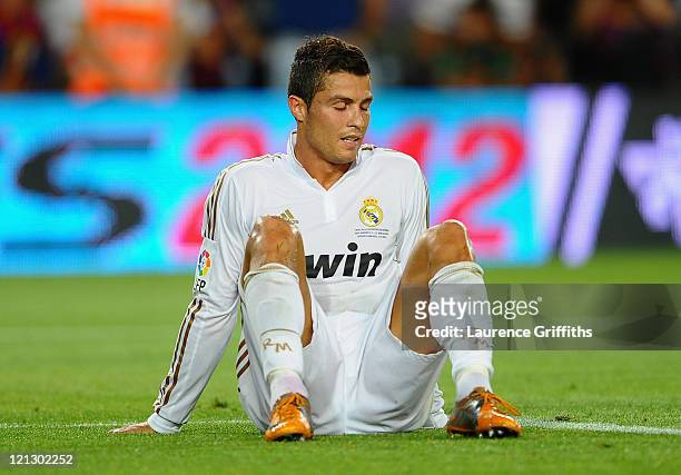 Cristiano Ronaldo of Real Madrid shows his frustration after the second goal during the Super Cup second leg match between Barcelona and Real Madrid...